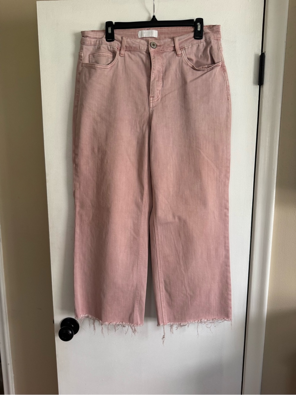 High-Rise Pink Wide-Leg Jeans with Raw Hem